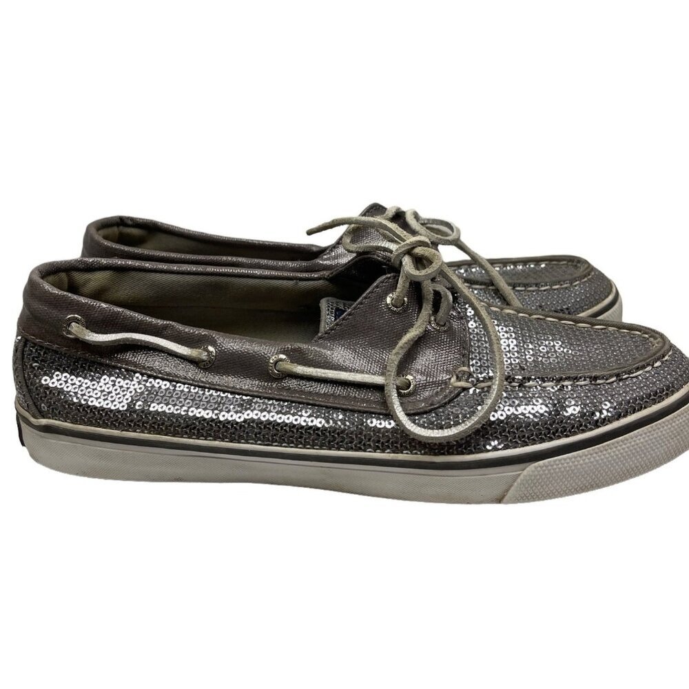 Sperry Top Sider Women's Boat Shoe Sneaker Silver Sequin Slip On Size 10